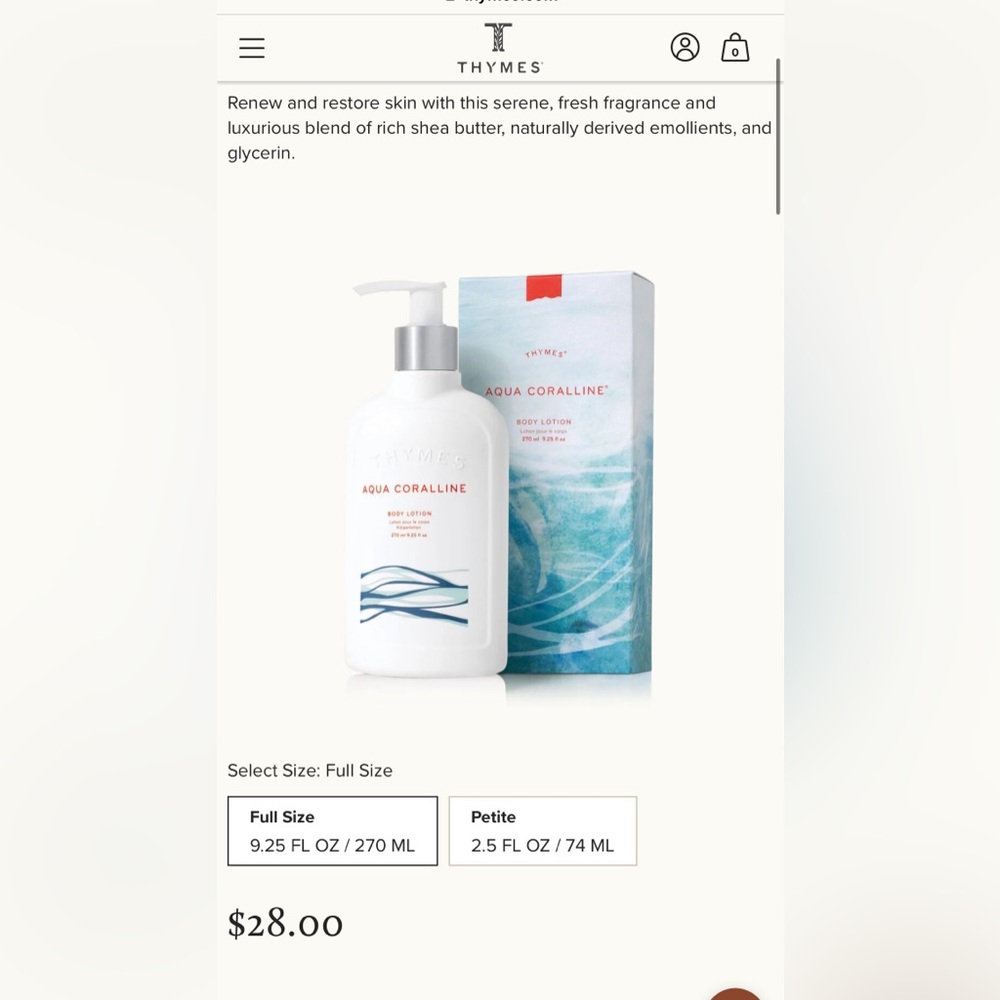 Thymes hand lotion.  Aqua Caralline.   9.25 fl oz.
